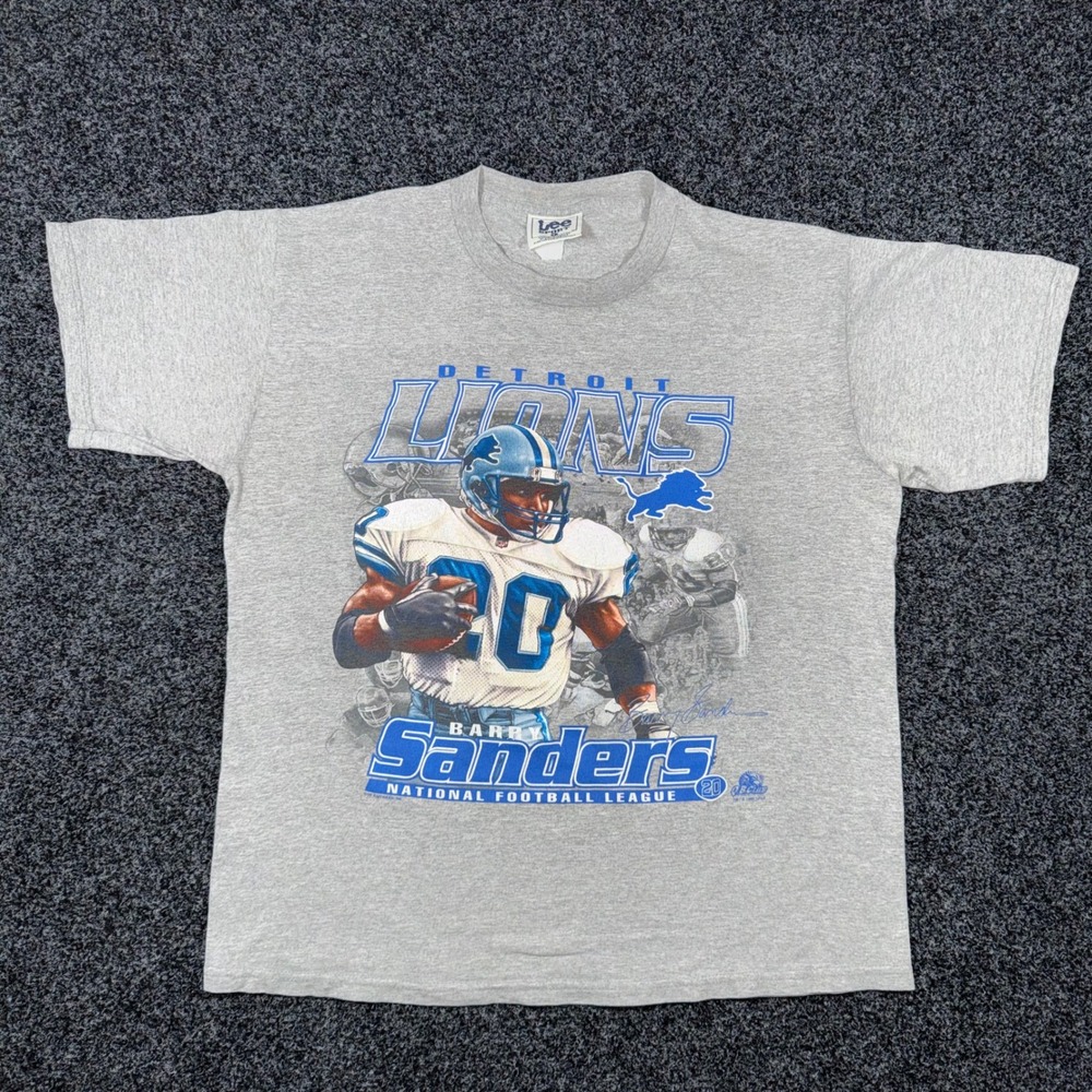 Vintage 1999 Lee Sport Detroit Lions Barry Sanders NFL T-Shirt Gray Mens Large